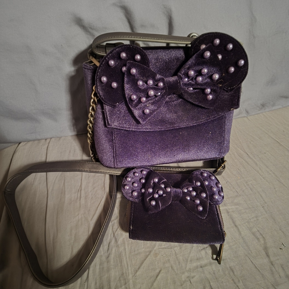 Navy Blue Loungfly Velvet Bag Set Pearl Bow Accents